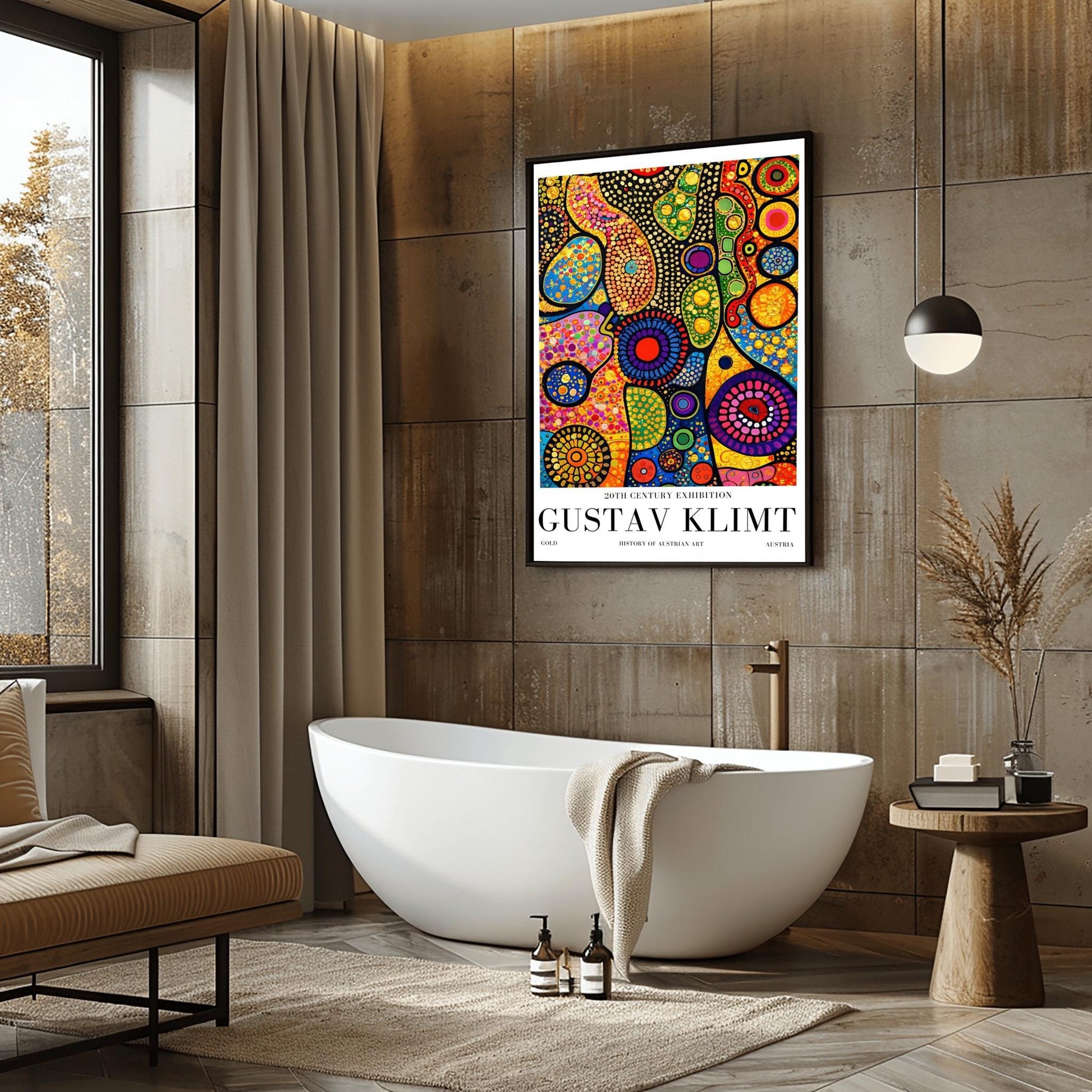 A vertical museum exhibition poster in the style of Gustav Klimt. Tall, dark tree trunks stand in a forest where the sky is made of colorful stained-glass mosaic circles. A bright sun in the center casts sharp, white sunbeams through the trees. Bold black text at the bottom reads "GUSTAV KLIMT" and "HISTORY OF AUSTRIAN ART."