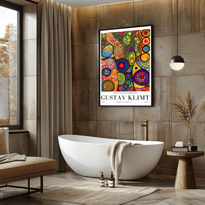 A vertical museum exhibition poster in the style of Gustav Klimt. Tall, dark tree trunks stand in a forest where the sky is made of colorful stained-glass mosaic circles. A bright sun in the center casts sharp, white sunbeams through the trees. Bold black text at the bottom reads "GUSTAV KLIMT" and "HISTORY OF AUSTRIAN ART."