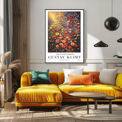 A vertical museum exhibition poster in the style of Gustav Klimt. A dense field of stylized poppies and wildflowers in coral, red, and yellow fills the frame. A bright golden sunburst glows from the top left. The background is a dark navy blue. Bold black text at the bottom reads "GUSTAV KLIMT" and "HISTORY OF AUSTRIAN ART."