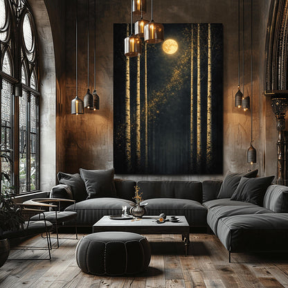 A vertical Art Nouveau-style illustration of six slender birch trees against a dark, velvety sky. A golden moon with swirling patterns sits at the top, and a diagonal trail of shimmering golden stardust flows through the center. The trees have textured, golden mosaic patterns on their bark.