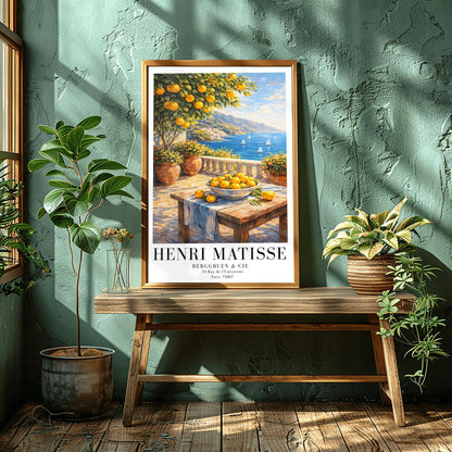 A vertical painterly illustration of a stone terrace overlooking a blue sea with sailboats. In the foreground, a wooden table holds a bowl of oranges and lemons. A citrus tree and flower-filled terracotta pots frame the view. Distant white-washed buildings sit on a coastline under a blue sky.
