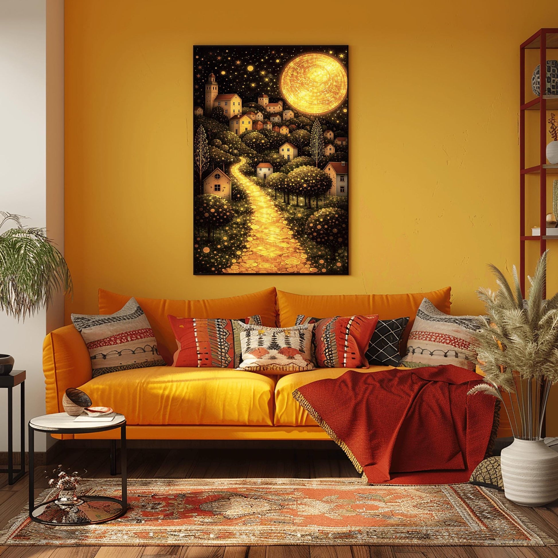 A vertical fine art landscape in the style of Gustav Klimt. A huge, textured golden moon shines in a starry night sky. A glowing golden path winds up a hillside past trees filled with shimmering golden dots toward a village of small houses with lit windows.