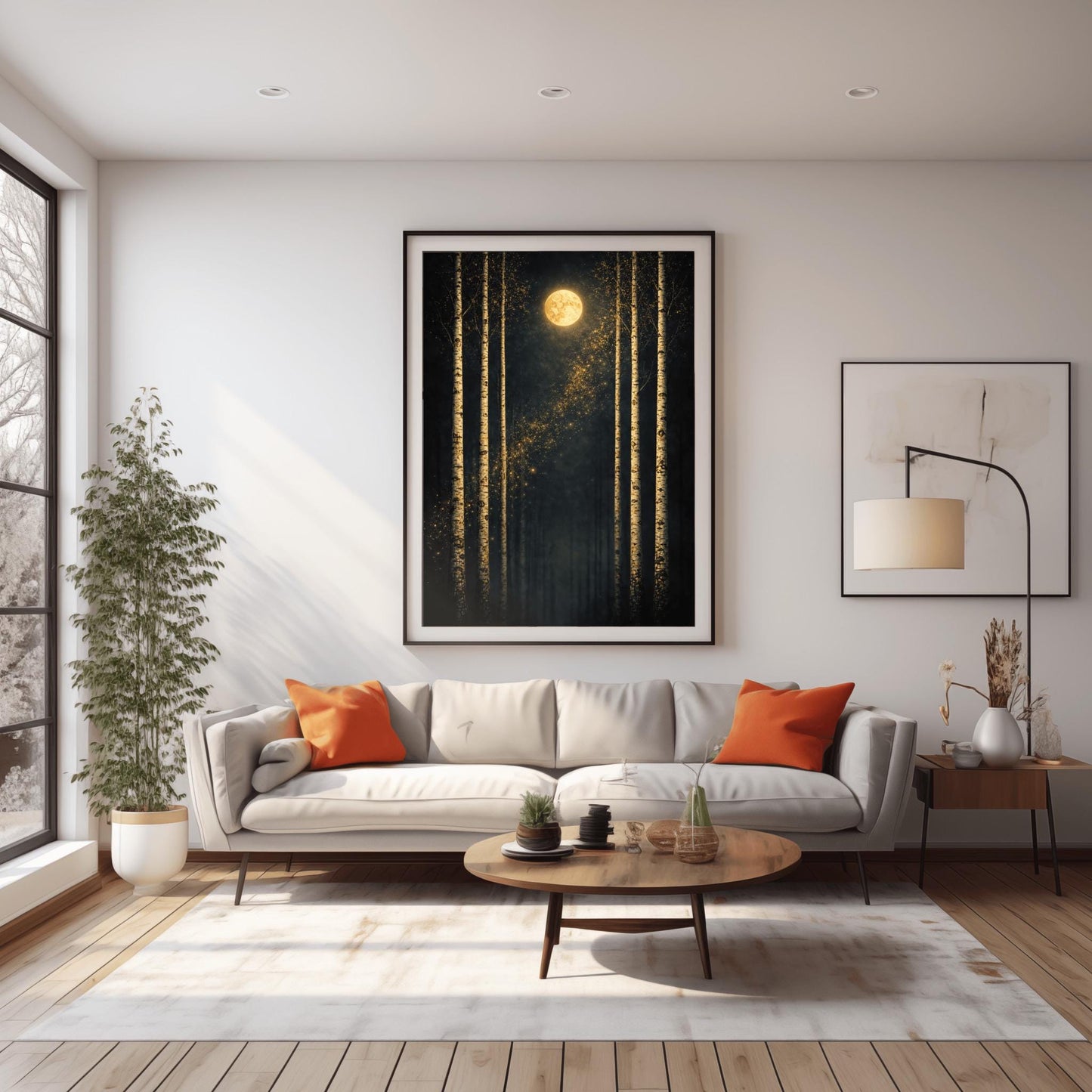 A vertical Art Nouveau-style illustration of six slender birch trees against a dark, velvety sky. A golden moon with swirling patterns sits at the top, and a diagonal trail of shimmering golden stardust flows through the center. The trees have textured, golden mosaic patterns on their bark.