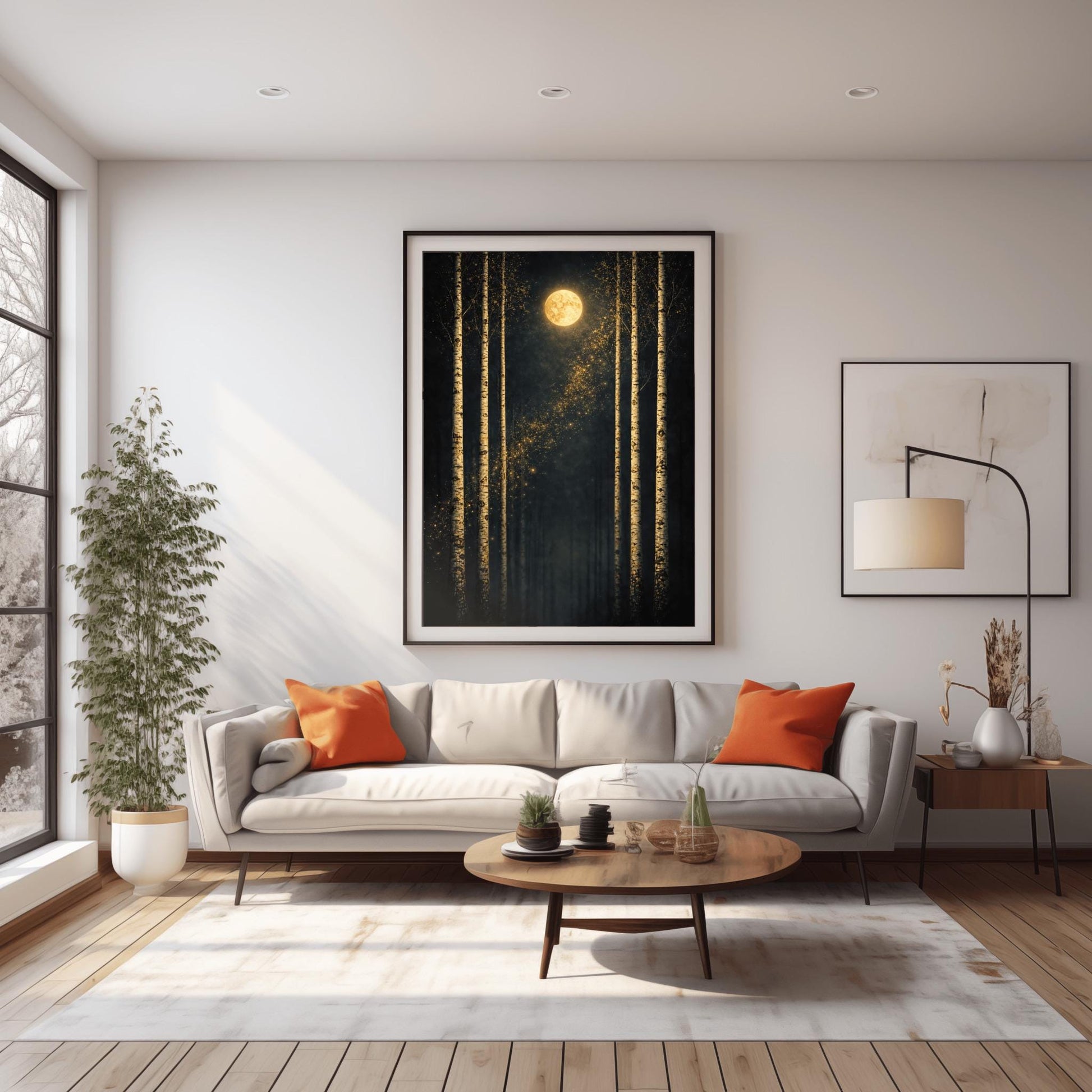 A vertical Art Nouveau-style illustration of six slender birch trees against a dark, velvety sky. A golden moon with swirling patterns sits at the top, and a diagonal trail of shimmering golden stardust flows through the center. The trees have textured, golden mosaic patterns on their bark.