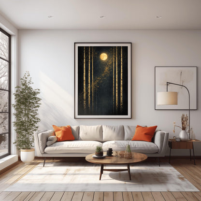 A vertical Art Nouveau-style illustration of six slender birch trees against a dark, velvety sky. A golden moon with swirling patterns sits at the top, and a diagonal trail of shimmering golden stardust flows through the center. The trees have textured, golden mosaic patterns on their bark.