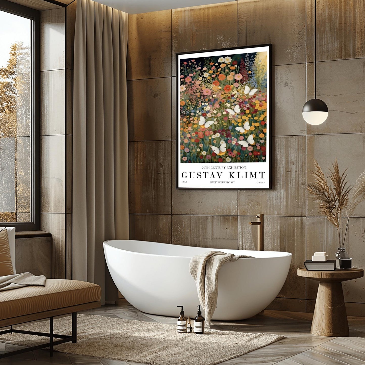 A vertical fine art painting in the style of Gustav Klimt. A dense field of colorful wildflowers in shades of orange, pink, yellow, and red fills the frame. Several large, delicate white butterflies are scattered throughout the meadow, appearing to fly toward a soft golden light in the upper right corner. The style is highly textured with decorative mosaic patterns.