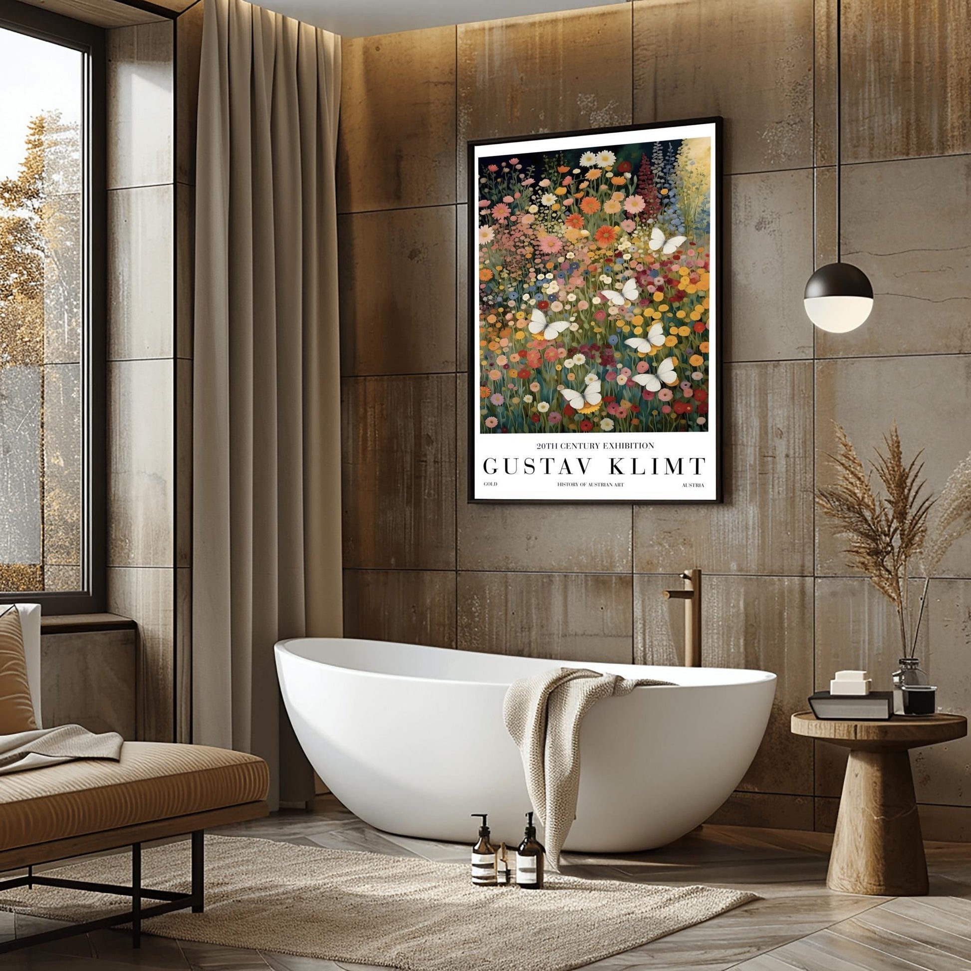 A vertical fine art painting in the style of Gustav Klimt. A dense field of colorful wildflowers in shades of orange, pink, yellow, and red fills the frame. Several large, delicate white butterflies are scattered throughout the meadow, appearing to fly toward a soft golden light in the upper right corner. The style is highly textured with decorative mosaic patterns.