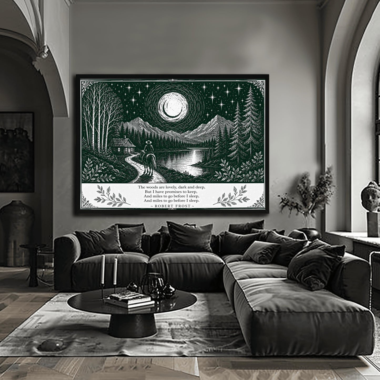 A wide horizontal art print in forest green and cream. A person on horseback follows a path toward a small cabin by a lake. In the background are tall pine forests and sharp mountain peaks under a massive moon and starry sky. The bottom of the print contains four lines of Robert Frost’s poetry in clean serif text, flanked by simple leaf illustrations.