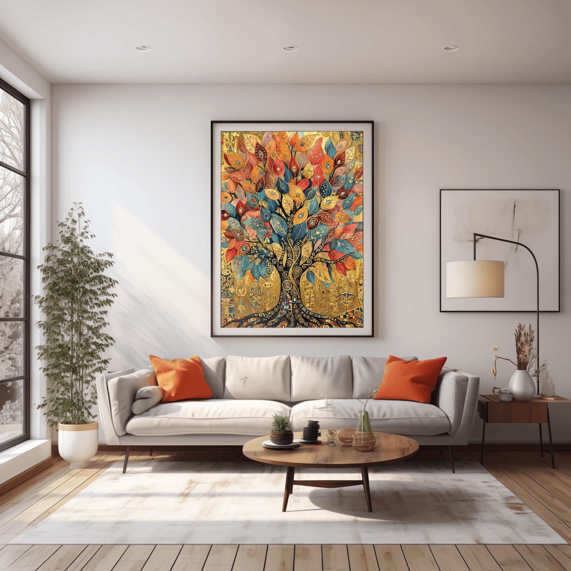 A vertical fine art print in the style of Gustav Klimt. A large tree with a dark mosaic trunk and golden swirling branches is centered on a textured gold background. The leaves are large, teardrop-shaped jewels in shades of red, orange, and blue. The background is filled with ornate golden symbols and spirals.