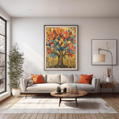 A vertical fine art print in the style of Gustav Klimt. A large tree with a dark mosaic trunk and golden swirling branches is centered on a textured gold background. The leaves are large, teardrop-shaped jewels in shades of red, orange, and blue. The background is filled with ornate golden symbols and spirals.
