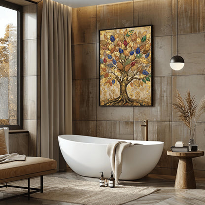 A vertical fine art print in the style of Gustav Klimt. A large, ornate tree with golden swirling branches is centered against a light-gold background. The leaves of the tree are rendered as colorful mosaic jewels in deep blue, red, and green. The entire scene is filled with intricate gold leaf patterns, spirals, and geometric symbols.