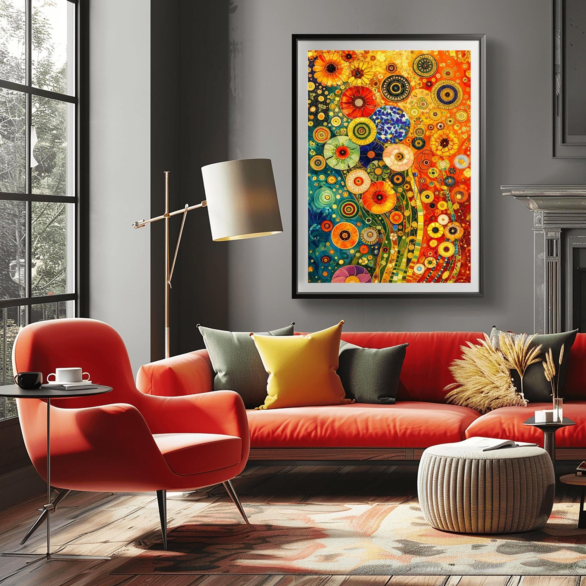 A vertical fine art print in the style of Gustav Klimt. A dense, abstract field of stylized flowers made of colorful mosaic circles and geometric patterns. The left side is a deep teal blue, while the right side is a warm, glowing orange. Shimmering gold flecks and tiled stems wind through the composition.