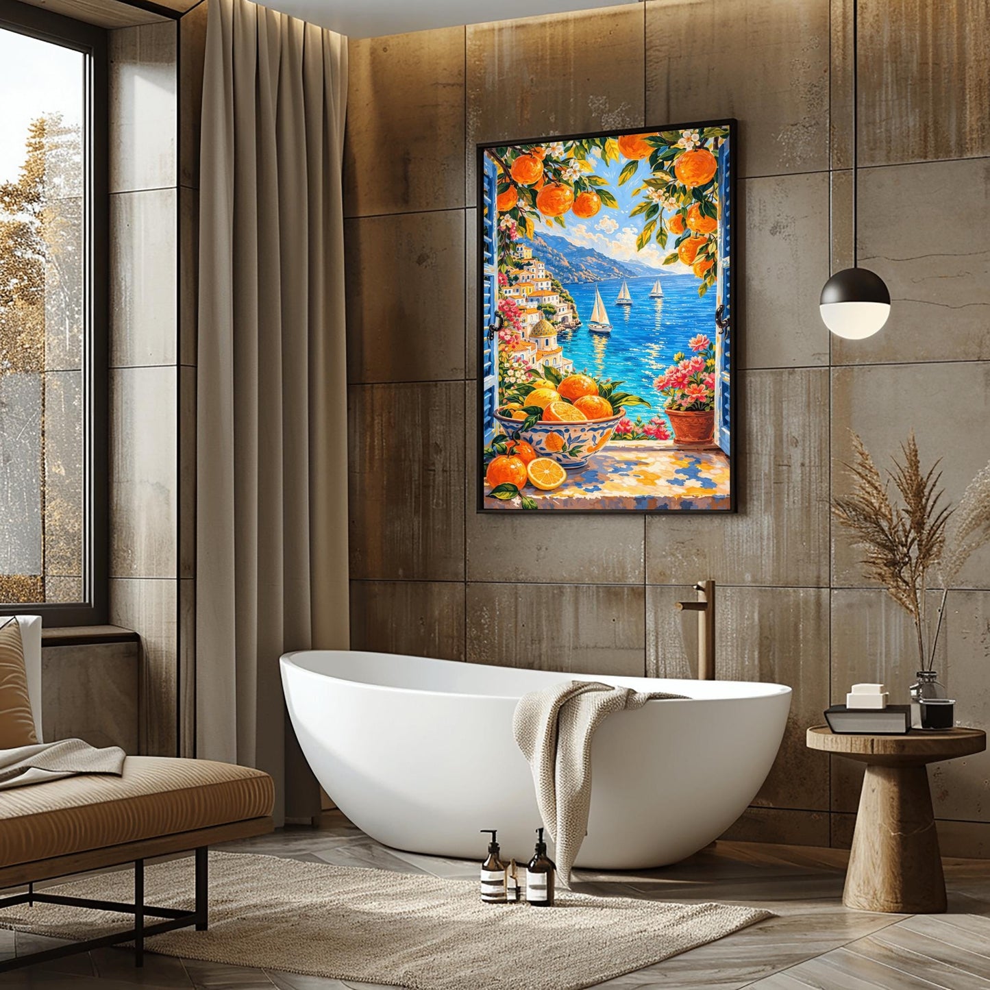 A vertical painterly illustration looking through open blue shutters at a coastal town with a yellow-domed cathedral and a blue sea with sailboats. In the foreground, a ceramic bowl holds oranges and lemons on a stone windowsill next to a pot of pink flowers.