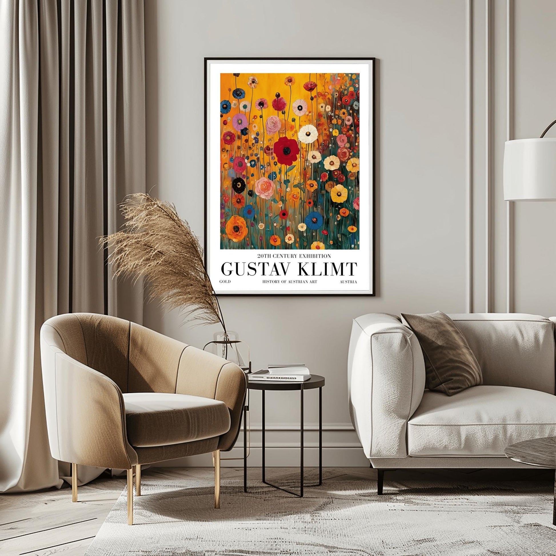 A vertical museum exhibition poster featuring a colorful wildflower meadow in the style of Gustav Klimt. Red, blue, and yellow flowers on thin stalks grow against an amber background. Below the image, bold black text reads "GUSTAV KLIMT" and "20TH CENTURY EXHIBITION" against a white border.