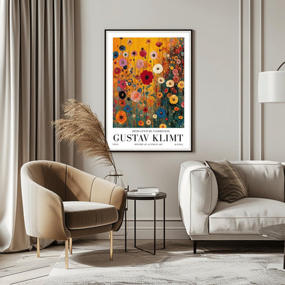 A vertical museum exhibition poster featuring a colorful wildflower meadow in the style of Gustav Klimt. Red, blue, and yellow flowers on thin stalks grow against an amber background. Below the image, bold black text reads "GUSTAV KLIMT" and "20TH CENTURY EXHIBITION" against a white border.