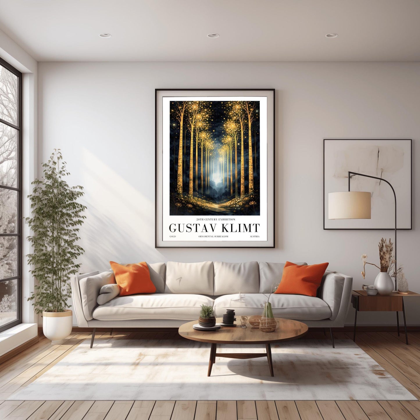 A vertical full-bleed illustration of a birch forest at night in the style of Gustav Klimt. The slender trunks are covered in golden patterns, and the tops of the trees explode into golden sparks and stars. A glowing golden path leads into a misty blue distance.