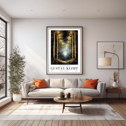 A vertical full-bleed illustration of a birch forest at night in the style of Gustav Klimt. The slender trunks are covered in golden patterns, and the tops of the trees explode into golden sparks and stars. A glowing golden path leads into a misty blue distance.