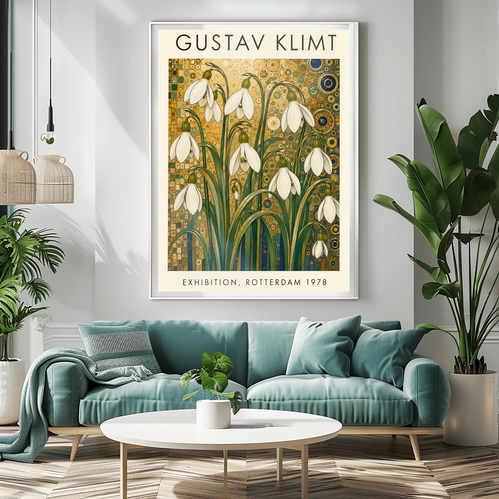 A vertical retro exhibition poster for Gustav Klimt featuring a wide cream-colored border. The central image shows an intricate Art Nouveau illustration of a cluster of delicate white snowdrop flowers with long green leaves reaching upward. The background is an opulent, decorative tapestry of metallic gold patterns, featuring detailed concentric circles, swirling spirals, and tiny mosaic tiles accented with hints of blue and teal.