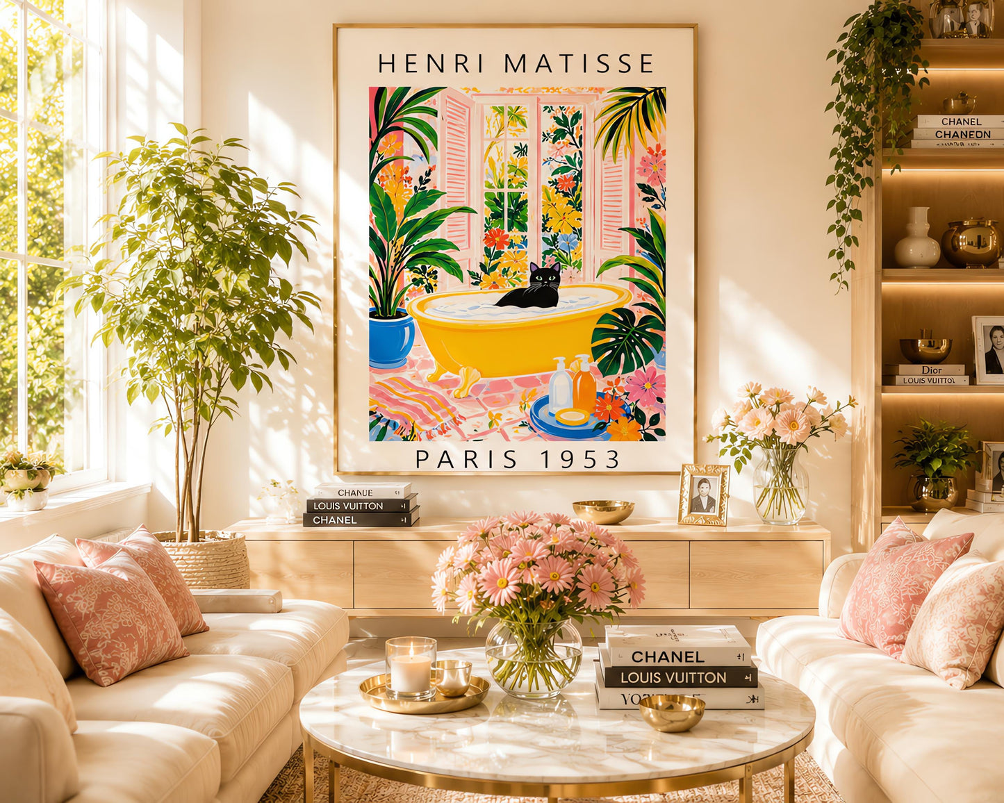 A vertical minimalist fine art exhibition poster in the style of Henri Matisse, featuring a wide white border layout. In the center, a solid black silhouette illustrates a cat in a crouching pose against a vibrant mustard yellow background block. The central composition is accented by flat paper-cut abstract shapes, including a royal blue coral leaf on the left and a terracotta red shape on the right against a solid white backdrop.