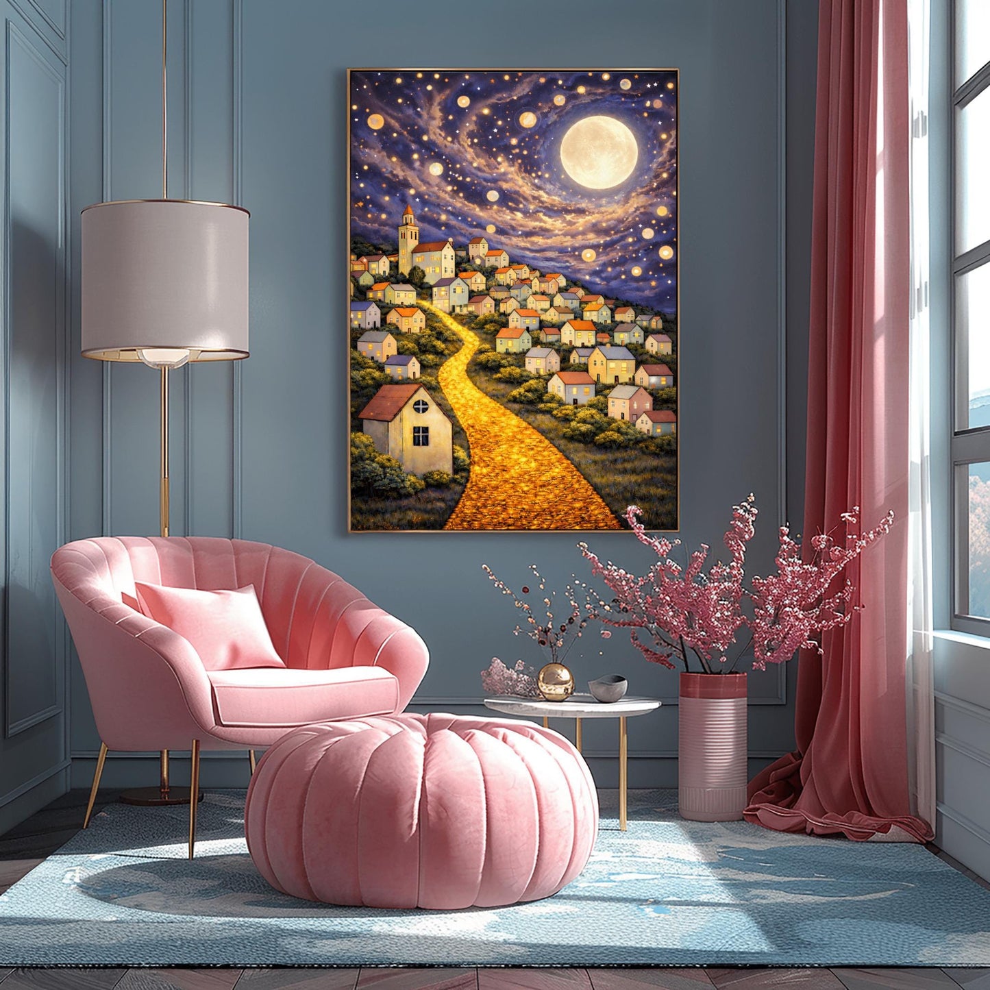 A vertical fine art print in the style of Gustav Klimt. A glowing road made of golden cobblestones winds up a steep hillside filled with small, charming houses. A massive, luminous full moon hangs in a purple and blue sky filled with stars and golden floating orbs.