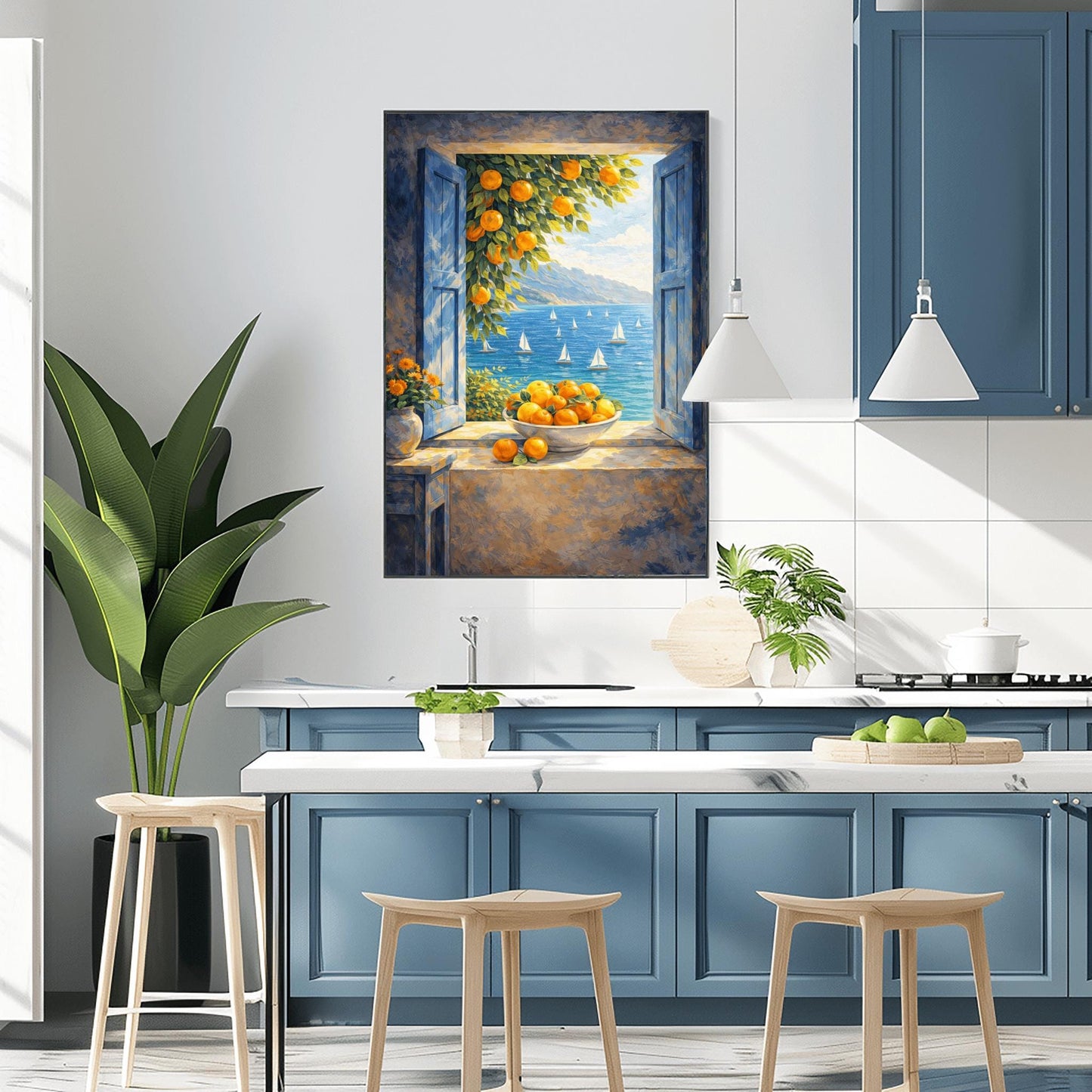 A vertical painterly illustration of an open window with blue shutters looking out at a sea with many sailboats. On the windowsill sits a large bowl overflowing with oranges. A branch with oranges hangs from the top, and a vase of yellow flowers is on a table to the left.