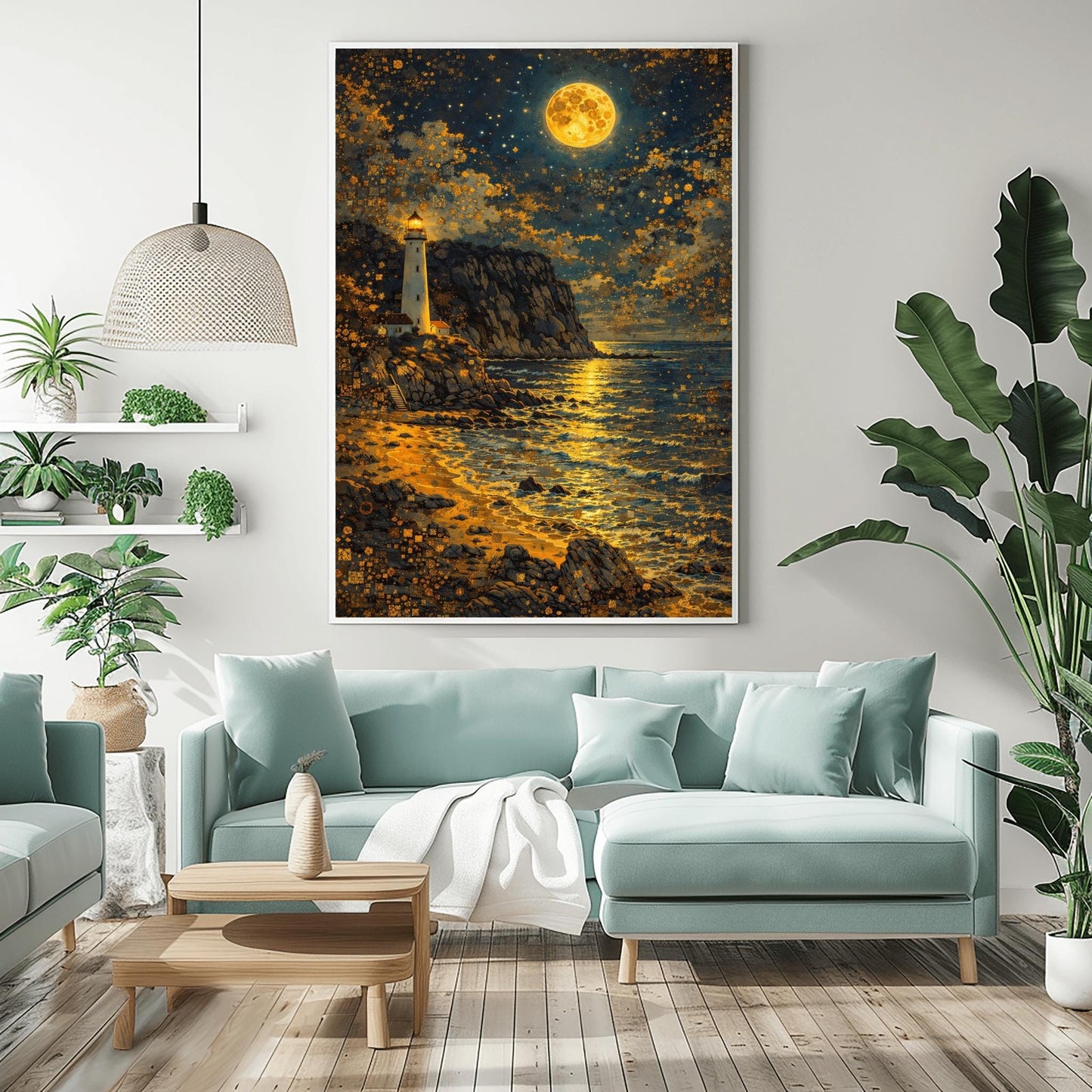 A vertical museum exhibition poster in the style of Gustav Klimt. A white lighthouse stands on a rugged cliff overlooking a dark ocean at night. A massive golden moon with mosaic patterns fills the top of the sky, reflecting on the waves. Bold black text at the bottom reads "GUSTAV KLIMT."