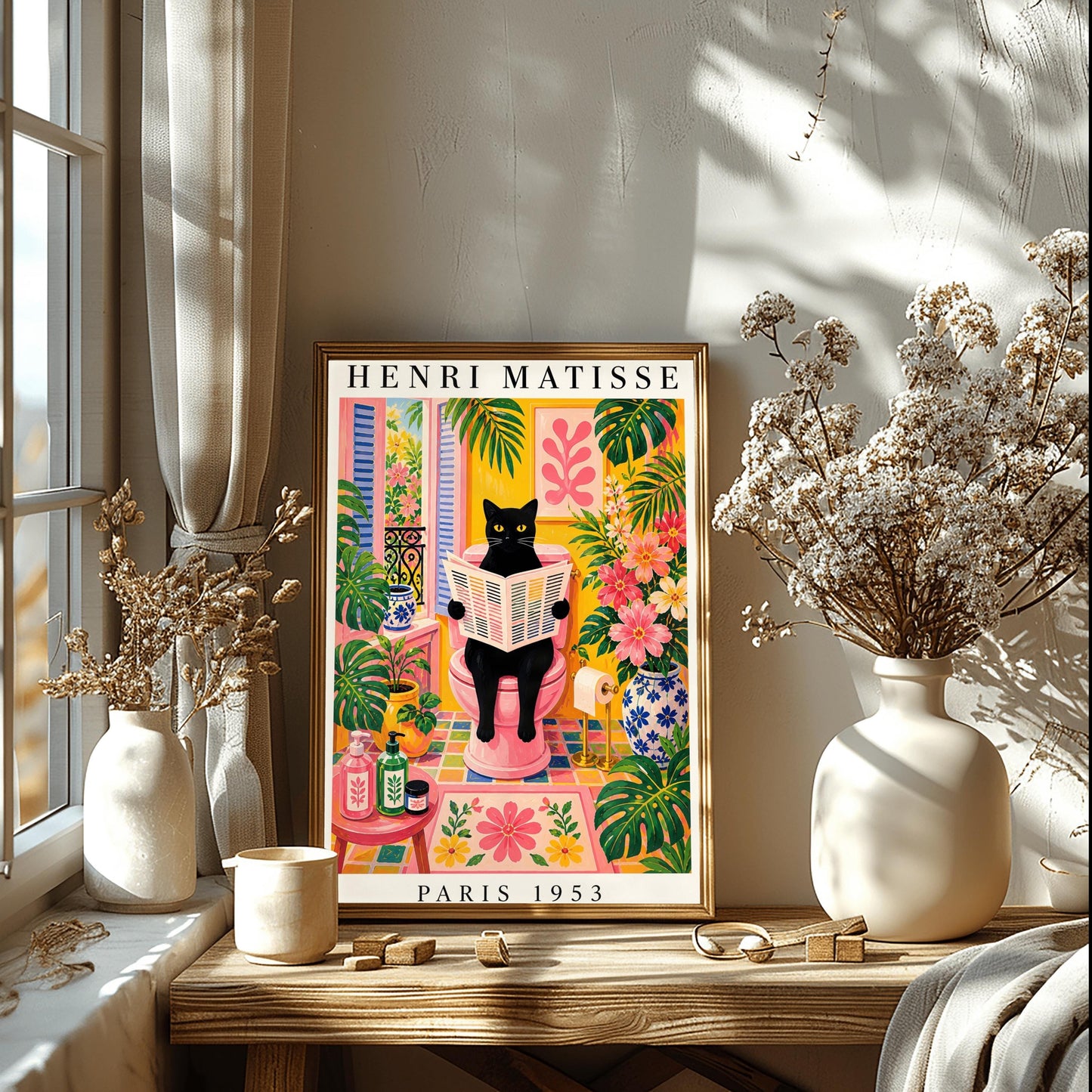A vertical maximalist art print styled as a Henri Matisse exhibition poster. A sleek black cat with bright yellow eyes sits on a pink toilet, holding and reading a newspaper. The bathroom is filled with vibrant yellow walls, pink and yellow checkered tiles, and lush green monstera plants. A window with blue shutters looks out onto a garden. A pink bath mat and blue floral vases add more color. Bold black text at the top reads "HENRI MATISSE" and at the bottom "PARIS 1953".