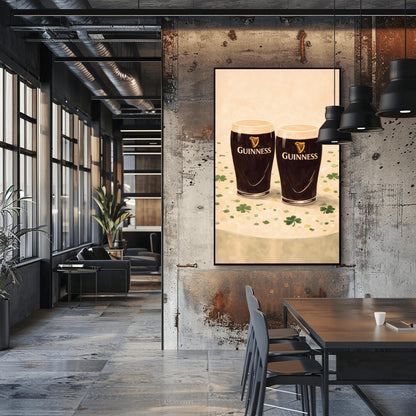 A vertical illustration of two pints of Guinness stout sitting side-by-side on a light cream surface. Green shamrocks and confetti are scattered around the base of the glasses. The pints feature the golden harp logo. The overall style is painterly and warm.