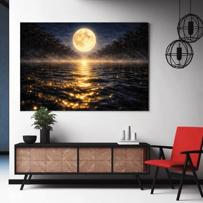 A horizontal landscape art print in the style of Gustav Klimt. A large, luminous golden moon hangs in a dark, starlit sky over a calm lake. A brilliant trail of golden light reflects across the dark water toward the viewer. Low-lying mist rolls across the lake's surface, and silhouetted dark trees line the distant shore. The overall color palette is a striking contrast of deep midnight blue and radiant metallic gold.