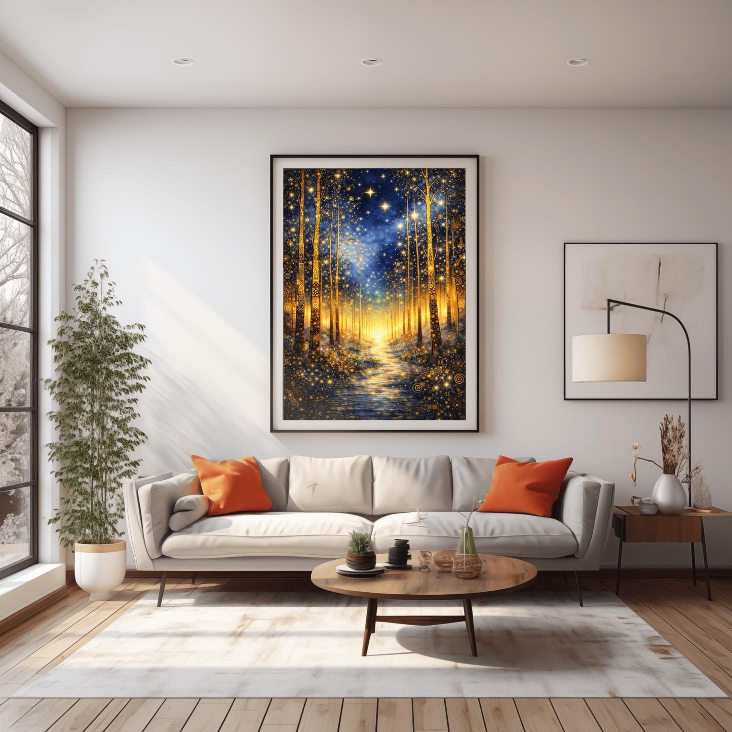 A vertical art print in the style of Gustav Klimt. It depicts a magical forest at night with tall, slender trees decorated with intricate golden swirls and geometric patterns. A shimmering golden path leads through the center toward a bright light in the distance. The dark blue sky is filled with numerous bright, glowing stars and a hazy golden nebula. The entire scene is rich with gold leaf textures and decorative mosaic details.