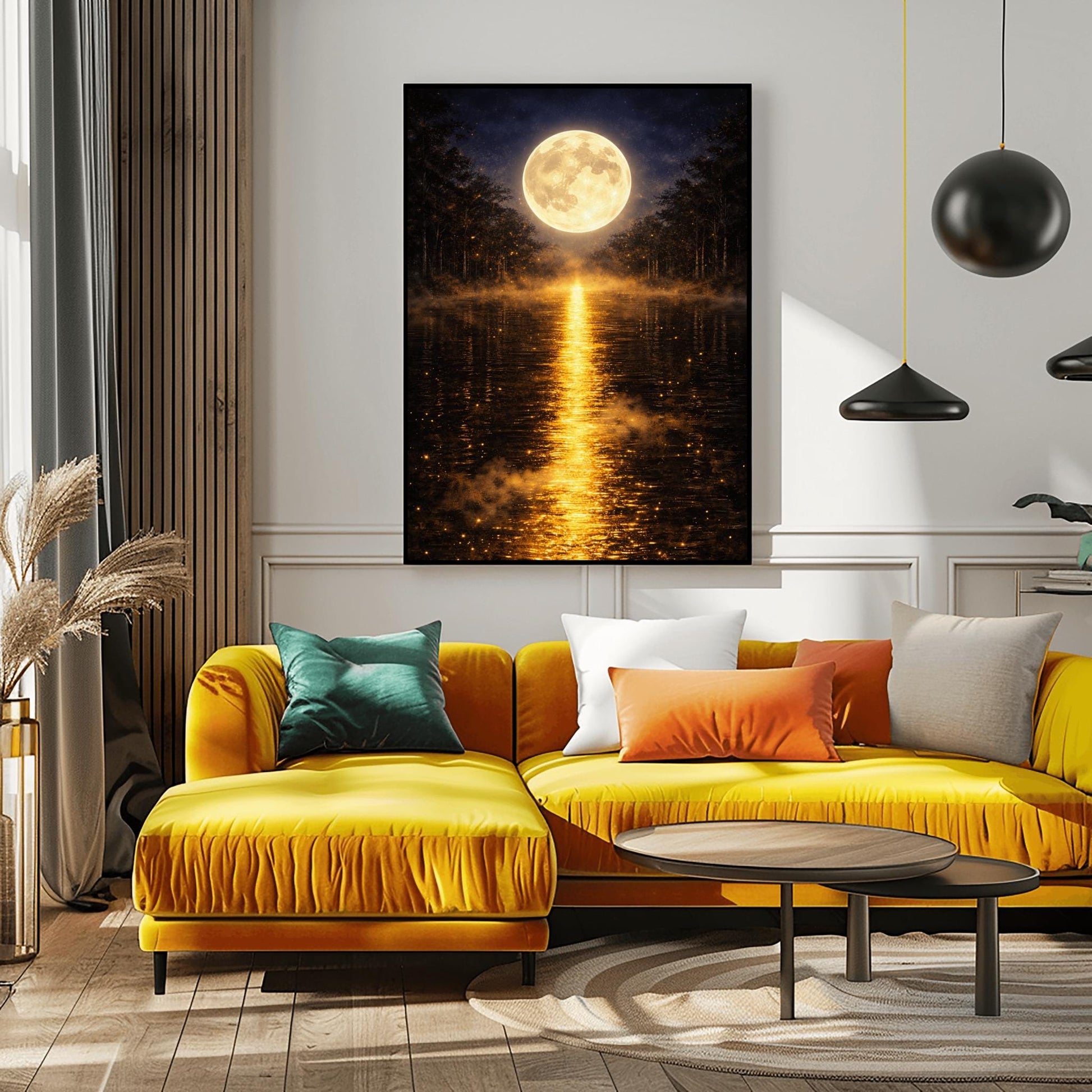 A vertical Art Nouveau-style illustration of a calm lake at night. A large, radiant golden moon is centered in the sky, reflecting a long, shimmering path of golden light vertically down the water. The shoreline is silhouetted by dark trees and a golden mist filled with fireflies.