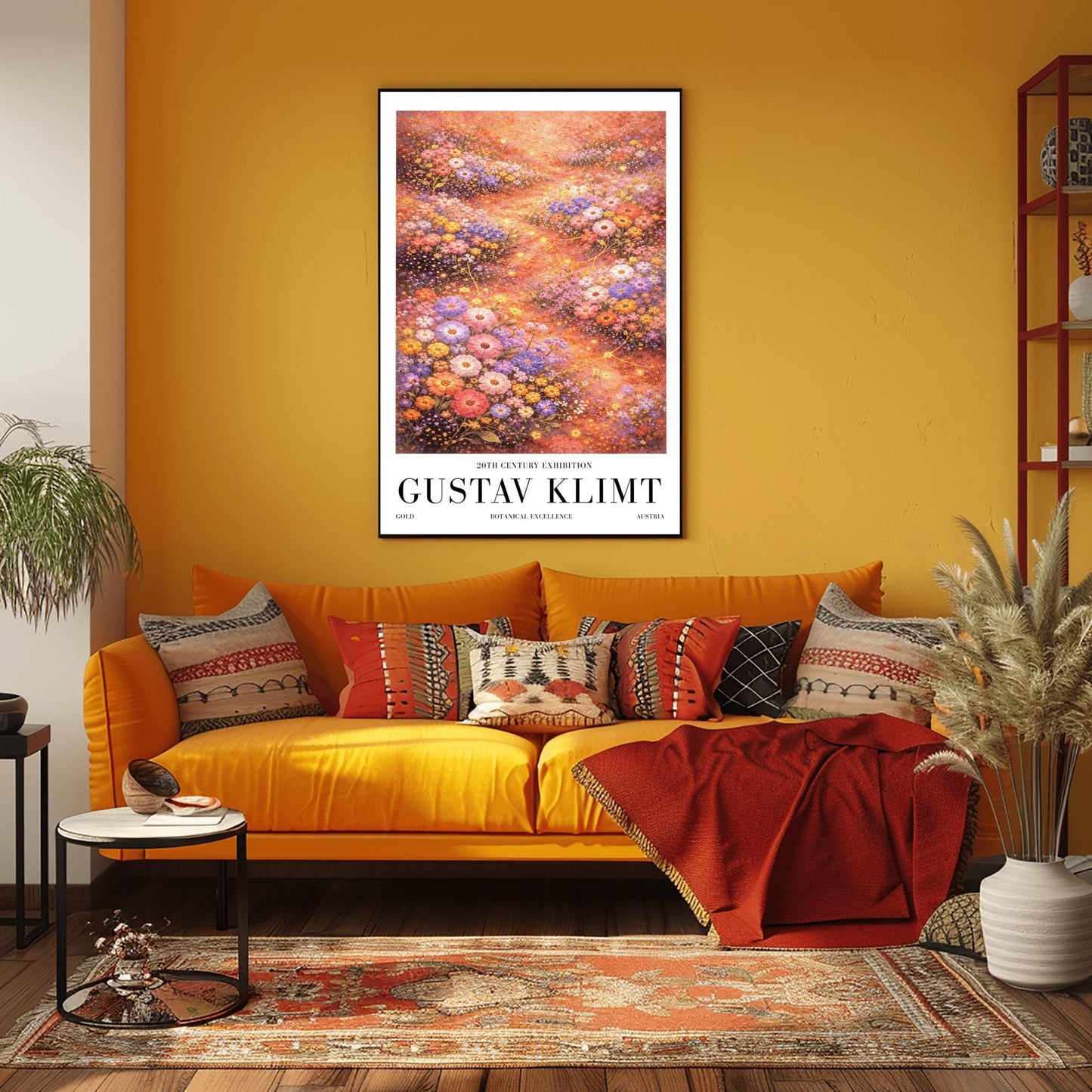 A vertical, highly detailed Art Nouveau-style illustration of a dense wildflower meadow. Stylized flowers in shades of lavender, coral, and orange are outlined in gold. Shimmering golden particles float between the blooms against a warm, glowing amber background.