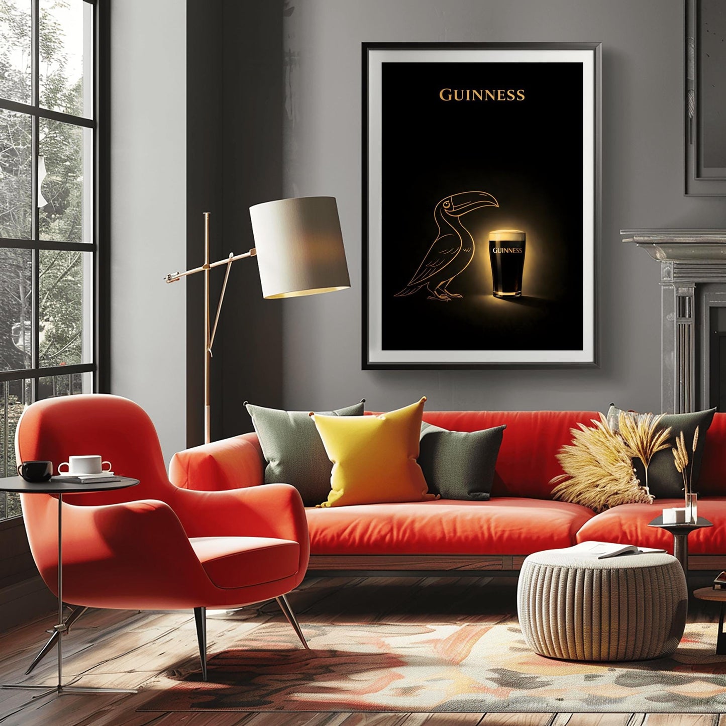 A vertical minimalist poster with a deep black background. In the center, a golden line-art silhouette of a toucan faces a glowing, realistic pint of Guinness beer. The pint has a bright white head and gold text. At the top, the word "GUINNESS" is written in gold.