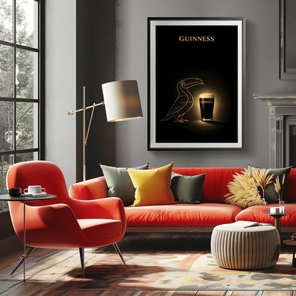 A vertical minimalist poster with a deep black background. In the center, a golden line-art silhouette of a toucan faces a glowing, realistic pint of Guinness beer. The pint has a bright white head and gold text. At the top, the word "GUINNESS" is written in gold.