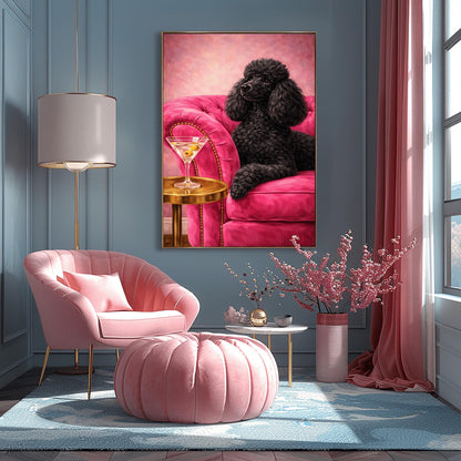 A vertical oil-style painting of a sophisticated black poodle with fluffy, well-groomed fur. The poodle is lying on a vibrant hot pink velvet tufted sofa. In the foreground, a martini glass with two green olives sits on a polished round gold side table. The background is a textured light pink, and the overall mood is glamorous, colorful, and maximalist.