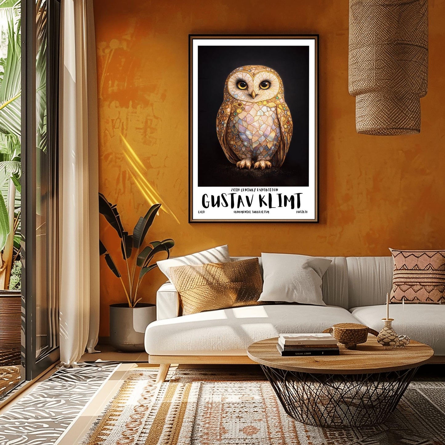 A vertical full-bleed illustration of a barn owl in the style of Gustav Klimt. The owl's body is a complex mosaic of gold, cream, and iridescent pastel tiles with small colorful gemstones embedded in the wings. It has large dark eyes and stands against a solid black background.
