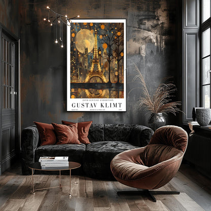 A vertical museum exhibition poster featuring the Eiffel Tower in Paris at night in the style of Gustav Klimt. The tower and city buildings glow in textured gold against a dark blue sky with a large, golden moon. Below the image, bold black text reads "GUSTAV KLIMT" and "20TH CENTURY EXHIBITION" against a white border.