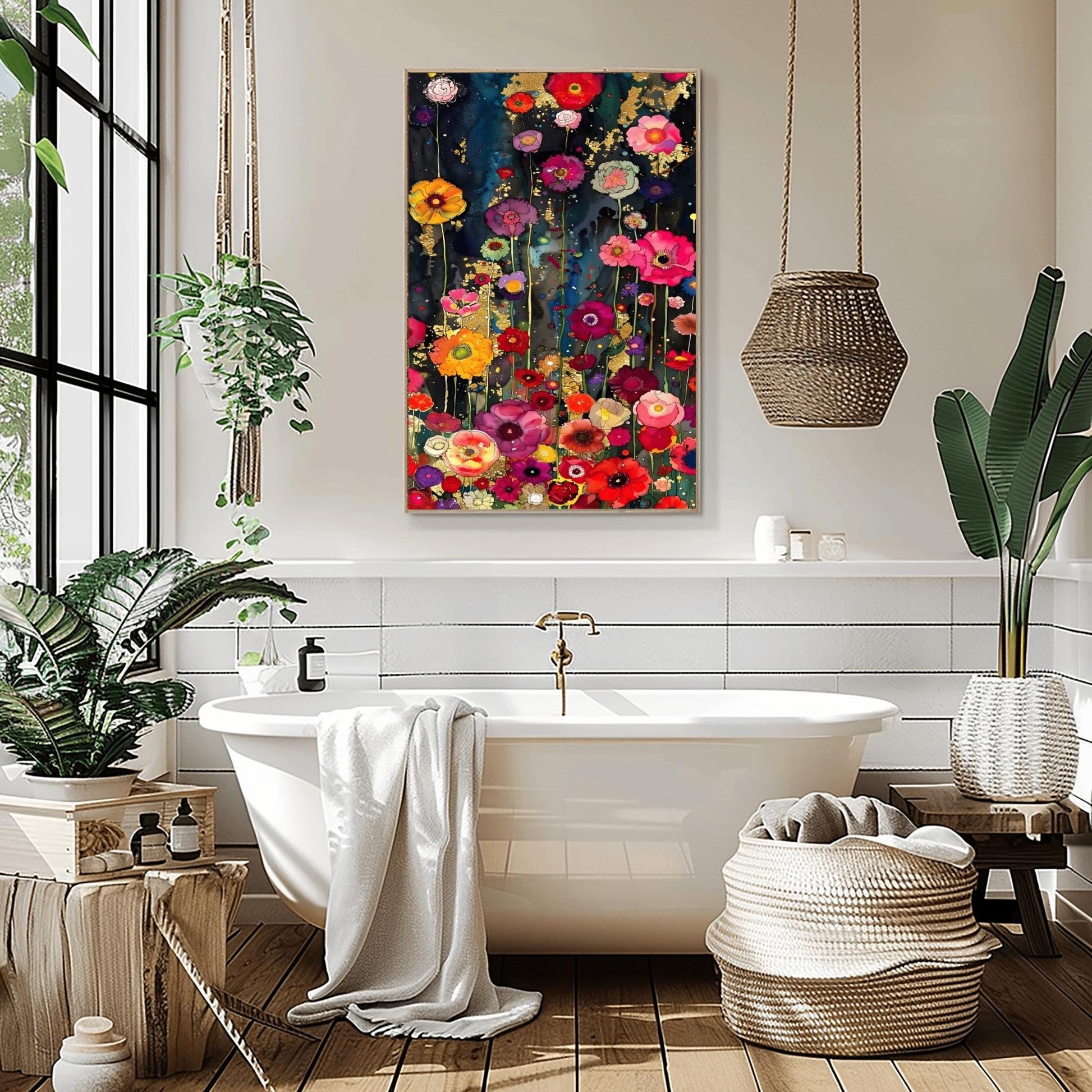A vertical, highly detailed painting in the style of Gustav Klimt. A dense field of vibrant wildflowers in red, pink, orange, and purple grows against a dark indigo and black background. Shimmering gold-leaf patterns and "rain" effects are woven throughout the flowers. The style is rich in texture with a mosaic-like quality and heavy gold accents.