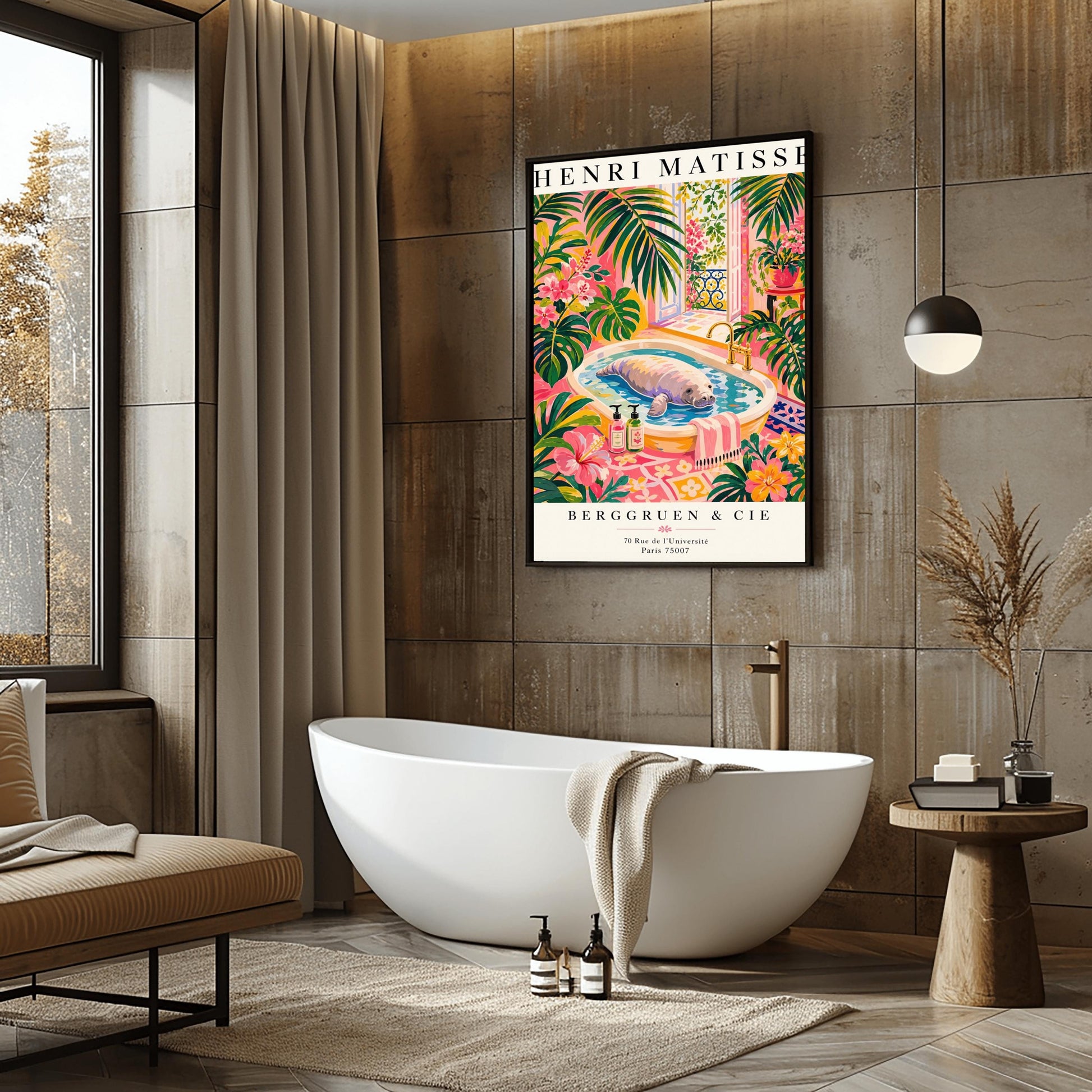 A vertical maximalist art print designed as a Henri Matisse exhibition poster. A large, grey manatee floats peacefully in a white bathtub filled with water. The room is filled with vibrant pink walls, lush green tropical plants, and bright pink hibiscus flowers. An open balcony door in the background shows a Parisian-style wrought-iron railing and pink flowers. Two colorful soap bottles sit on the edge of the tub.