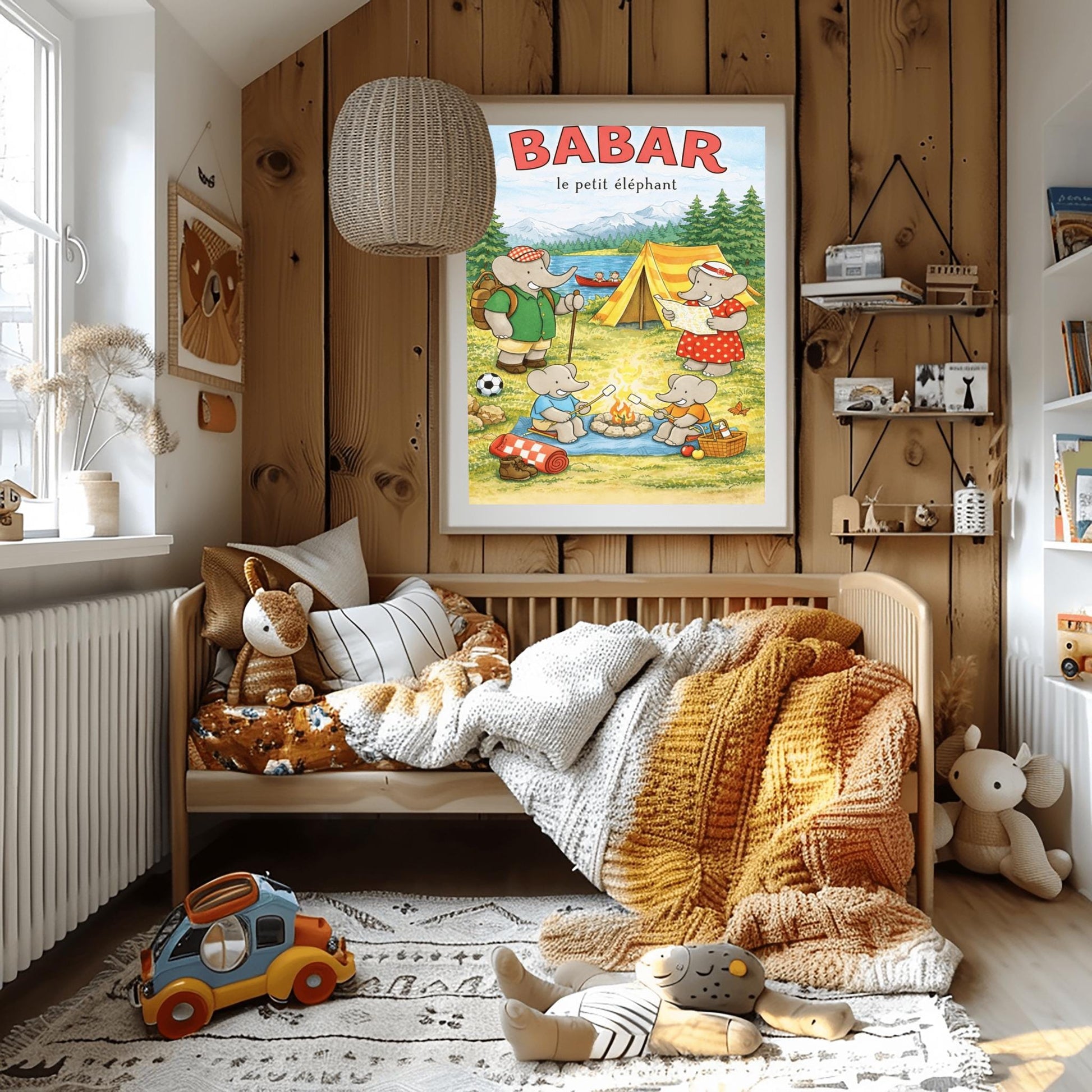 A vertical children's illustration poster titled "BABAR le petit éléphant" at the top in red. It features an elephant family camping by a lake. A large elephant (Babar) in a green shirt stands to the left with a backpack and walking stick. Another large elephant (Celeste) in a red polka-dot dress looks at a map near a yellow tent. Two small elephants sit in the foreground roasting marshmallows over a campfire. The background shows a lake with a red canoe and snow-capped mountains.