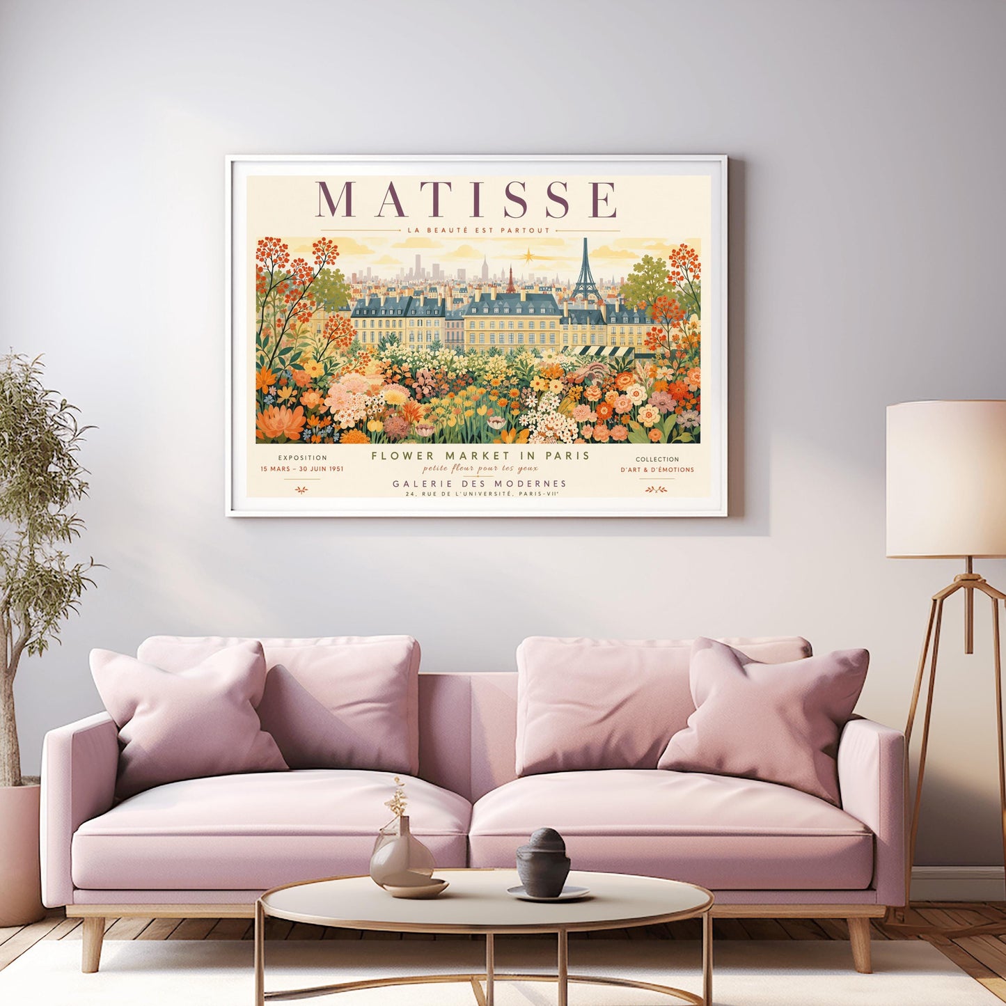 A French art exhibition poster titled "MATISSE" across the top. The central illustration shows a sprawling field of dense, colorful wildflowers in shades of orange, yellow, and white. In the background, classic Parisian buildings and the silhouette of the Eiffel Tower stand under a soft yellow sky. The text at the bottom reads "Flower Market in Paris, Galerie des Modernes, 24, Rue de l'Université, Paris."