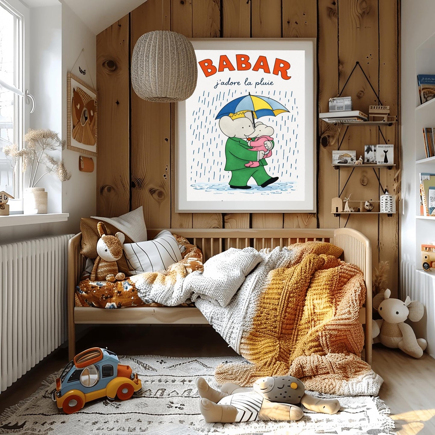 A vertical children's illustration poster titled "BABAR: j'adore la pluie" in orange and blue. King Babar, in a green suit and crown, is walking through the rain while holding a blue and yellow striped umbrella. He is carrying a small elephant wearing a pink rainsuit. They are walking through light blue puddles on a white background. The name "Laurent de Brunhoff" is at the bottom.
