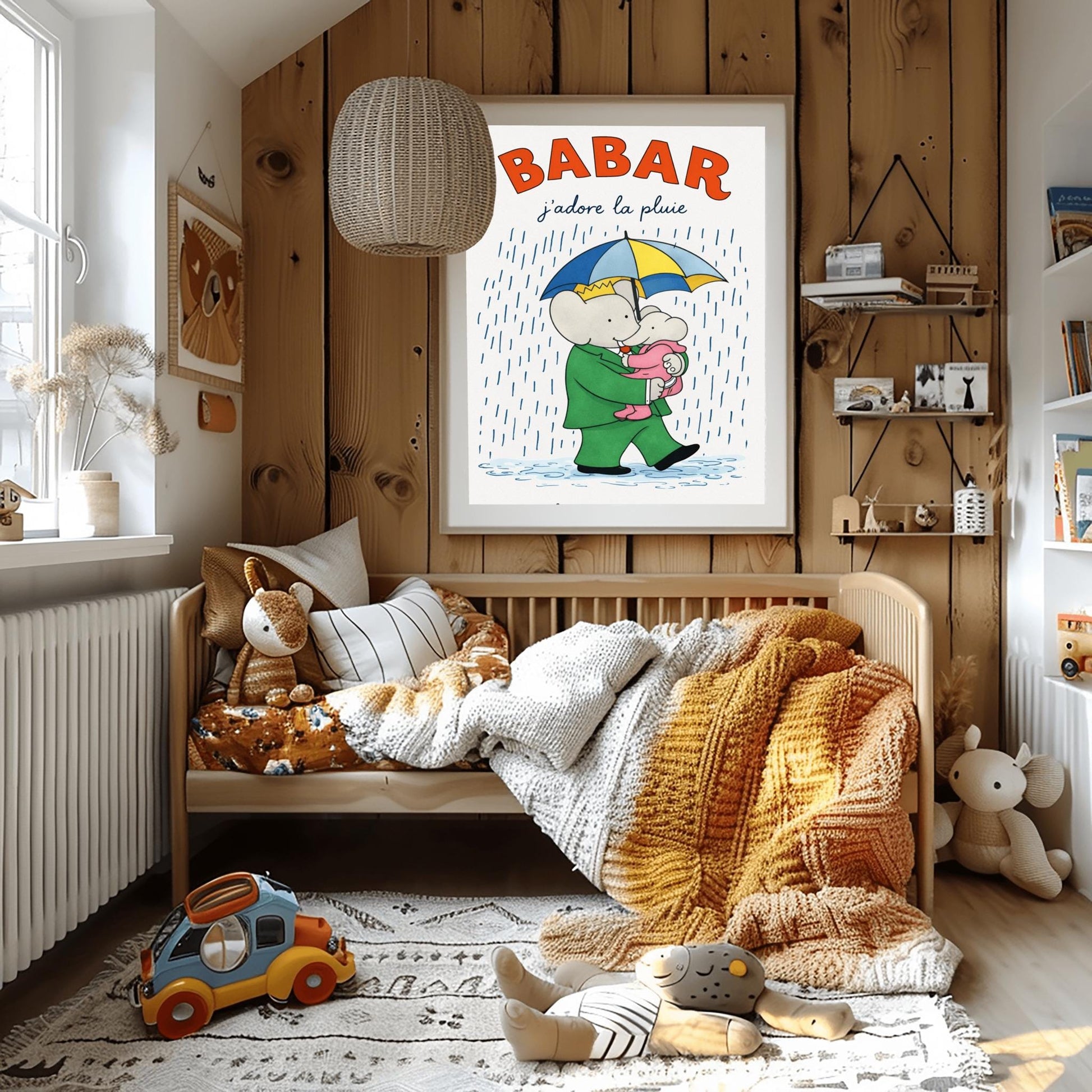A vertical children's illustration poster titled "BABAR: j'adore la pluie" in orange and blue. King Babar, in a green suit and crown, is walking through the rain while holding a blue and yellow striped umbrella. He is carrying a small elephant wearing a pink rainsuit. They are walking through light blue puddles on a white background. The name "Laurent de Brunhoff" is at the bottom.
