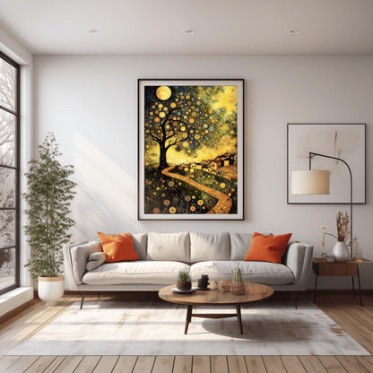 A vertical fine art painting in the style of Gustav Klimt. A large tree on the left is covered in golden concentric circles and spirals. A golden, mosaic-textured path winds through dark hills toward a village with lit windows under a full moon. The sky is dark blue with swirling golden stardust patterns. The foreground is decorated with stylized golden flowers.