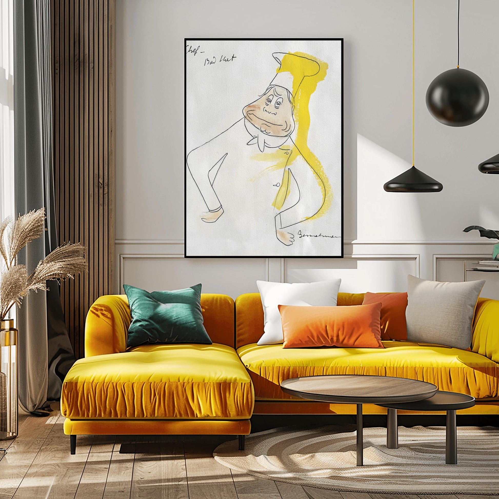 A vertical fine line ink sketch by Ludwig Bemelmans of a smiling chef. The chef has hands on his hips and wears a white uniform with a tall chef's hat. A bright splash of yellow watercolor runs vertically along the right side of his hat and shoulder. Handwritten words "Chef - Bad Hat" are in the top left, and the piece is signed "Bemelmans" in the bottom right corner.