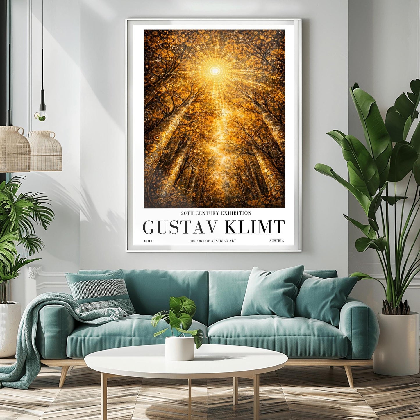A vertical exhibition poster for Gustav Klimt featuring a view looking up through golden trees toward a radiant sunburst. The trees have intricate mosaic patterns on the bark. Below the artwork, bold black text reads "GUSTAV KLIMT" and "20th Century Exhibition."
