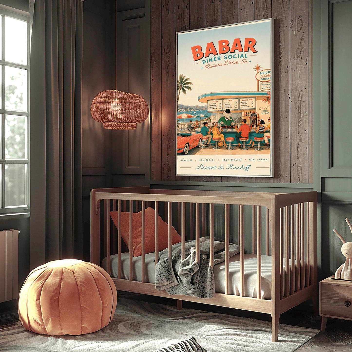 A mid-century style illustration poster titled "BABAR DINER SOCIAL - Riviera Drive-In" at the top. The scene shows an open-air retro diner bar right on the coast of the French Riviera, with a turquoise sea and white sailboats in the background. King Babar, a cartoon elephant in a green suit, bowtie, and top hat, cooks burgers on a grill behind the counter. Stylishly dressed patrons from the 1950s sit on red-topped stools, and a classic pink convertible sports car is parked on the left