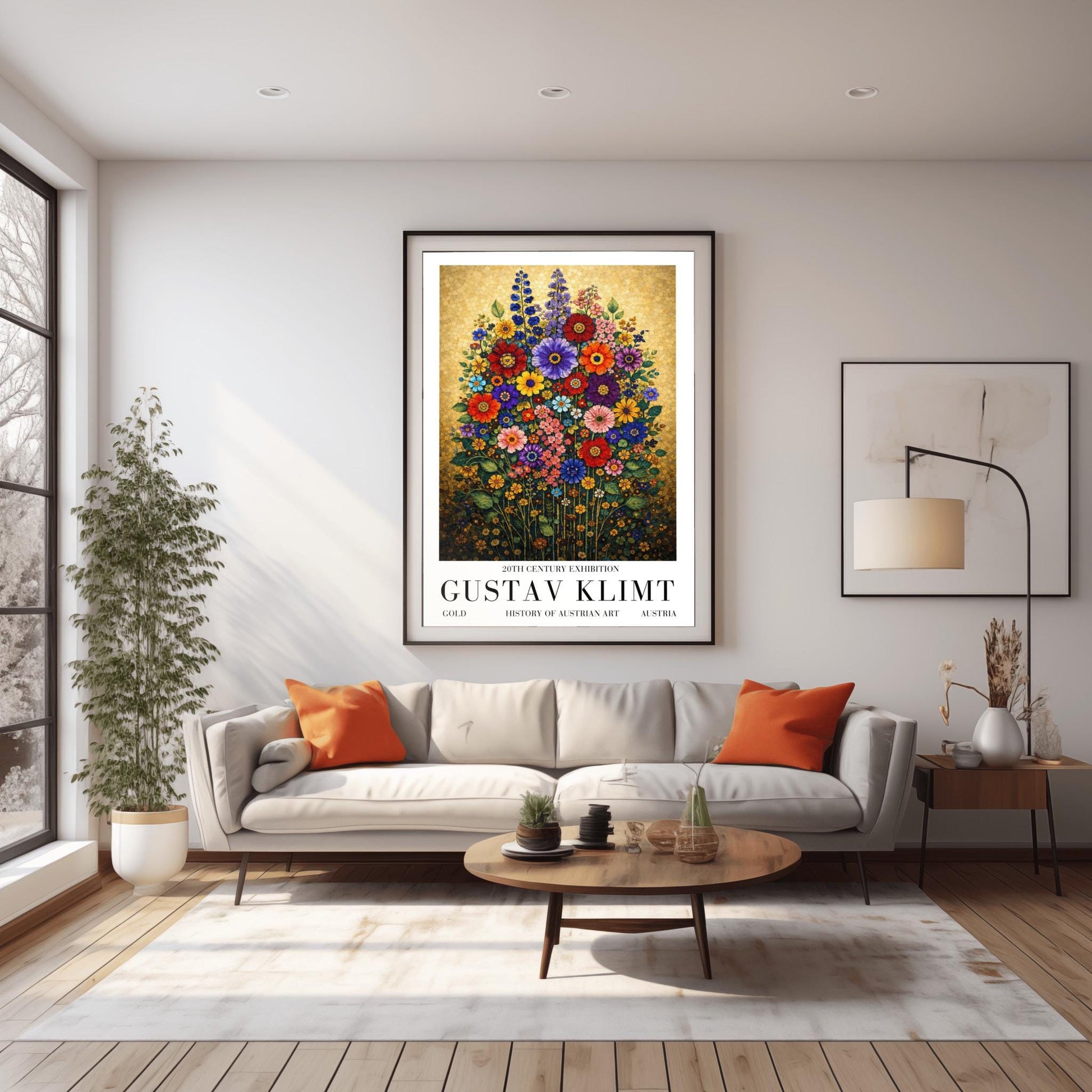 A vertical art print in the style of Gustav Klimt featuring a dense bouquet of colorful wildflowers. The flowers, including red, purple, and orange zinnias and tall blue delphiniums, are rendered as intricate mosaics with geometric patterns. The entire arrangement is set against a shimmering, gold-tiled background that glows with metallic light. The style is highly decorative, maximalist, and vibrant.