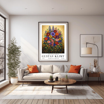 A vertical art print in the style of Gustav Klimt featuring a dense bouquet of colorful wildflowers. The flowers, including red, purple, and orange zinnias and tall blue delphiniums, are rendered as intricate mosaics with geometric patterns. The entire arrangement is set against a shimmering, gold-tiled background that glows with metallic light. The style is highly decorative, maximalist, and vibrant.