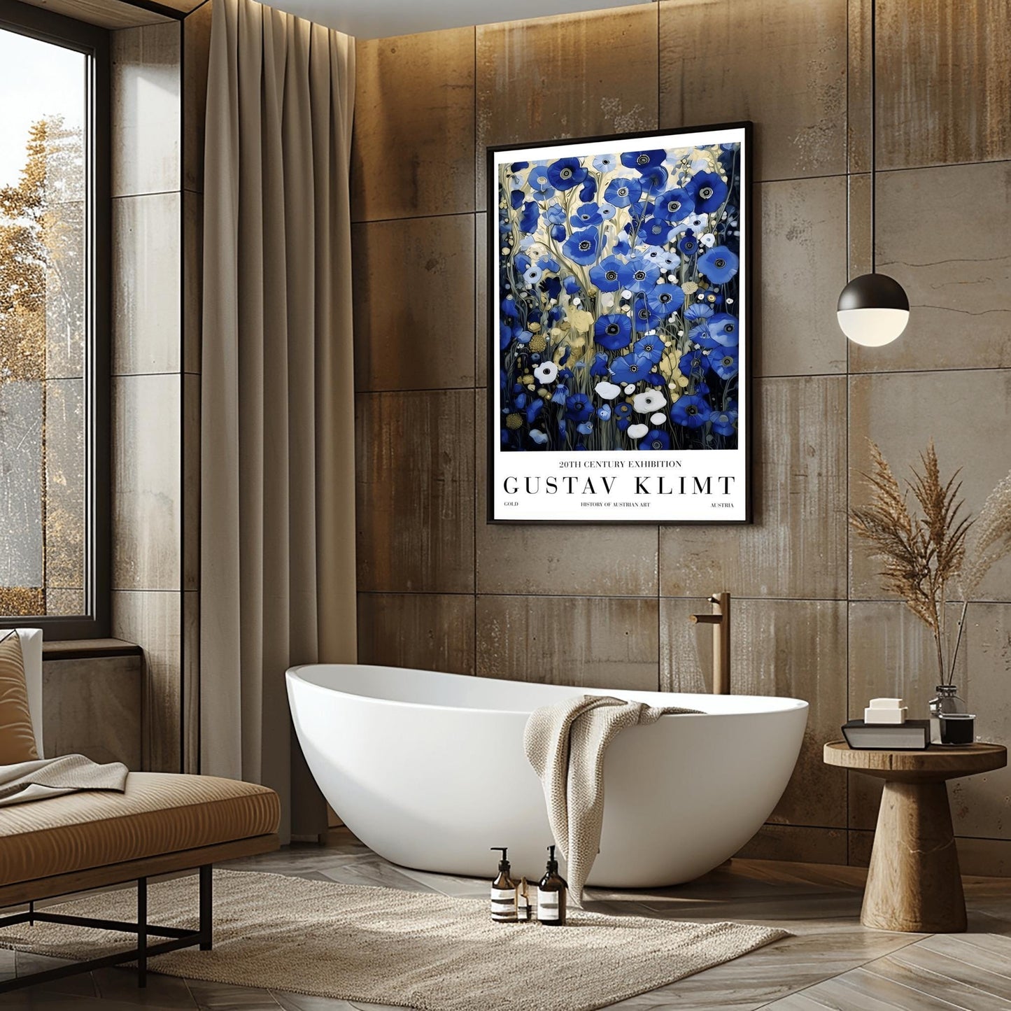 A vertical, highly detailed oil painting in the style of Gustav Klimt. The image is filled with a dense field of blue poppies in shades of cobalt, navy, and light blue. The flowers have dark centers and are surrounded by abstract cream and amber foliage. The brushwork is thick and textured, giving the appearance of a rich mosaic tapestry of flowers.